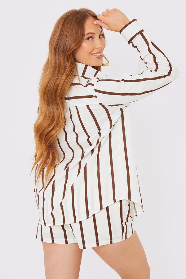 In The Style In The Style Stripe Linen Look Co-Ord Shirt Brown