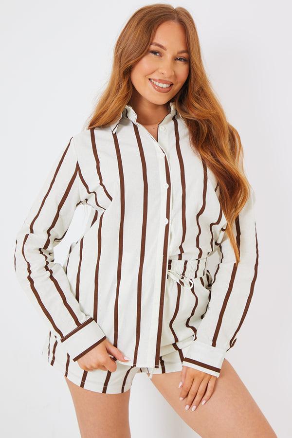 in the style In the Style Stripe Linen Look Co-Ord Shirt Brown