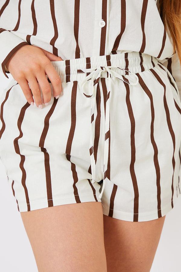 In The Style In The Style Stripe Linen Look Drawstring Co-Ord Shorts Brown