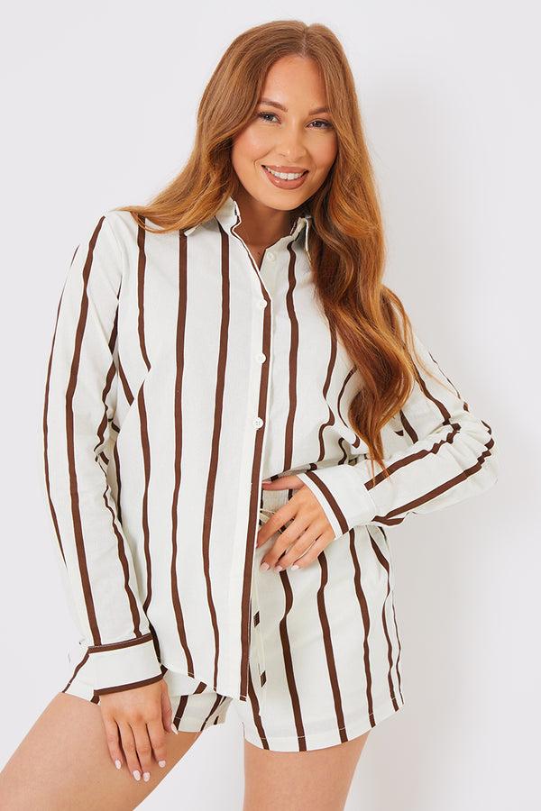 In The Style In The Style Stripe Linen Look Drawstring Co-Ord Shorts Brown