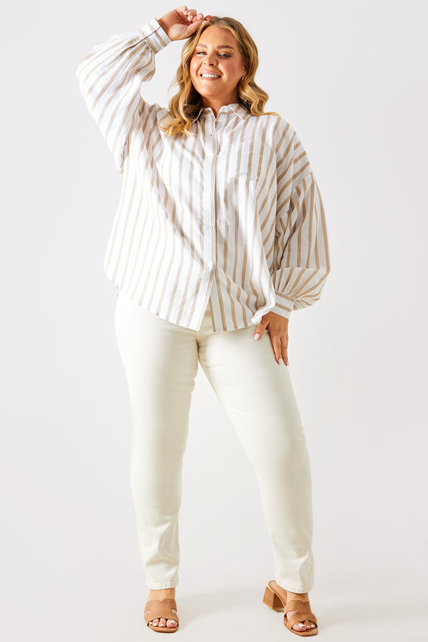 In The Style In The Style Stripe Linen Look Oversized Shirt Stone