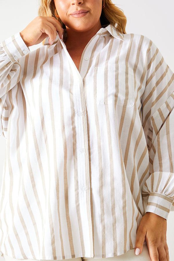 In The Style In The Style Stripe Linen Look Oversized Shirt Stone