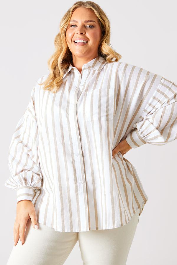 in the style In The Style Stripe Linen Look Oversized Shirt Stone