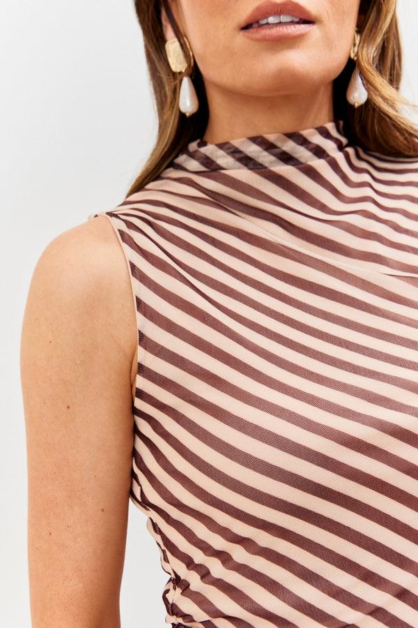 In The Style In The Style Stripe Printed Mesh Bodycon Midaxi Dress Brown