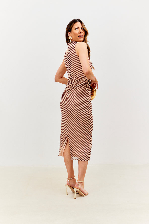 In The Style In The Style Stripe Printed Mesh Bodycon Midaxi Dress Brown