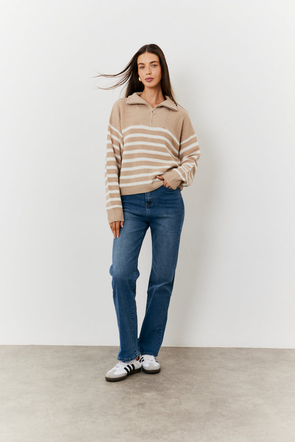 In The Style In The Style Stripe Quarter Zip Knit Jumper Oatmeal