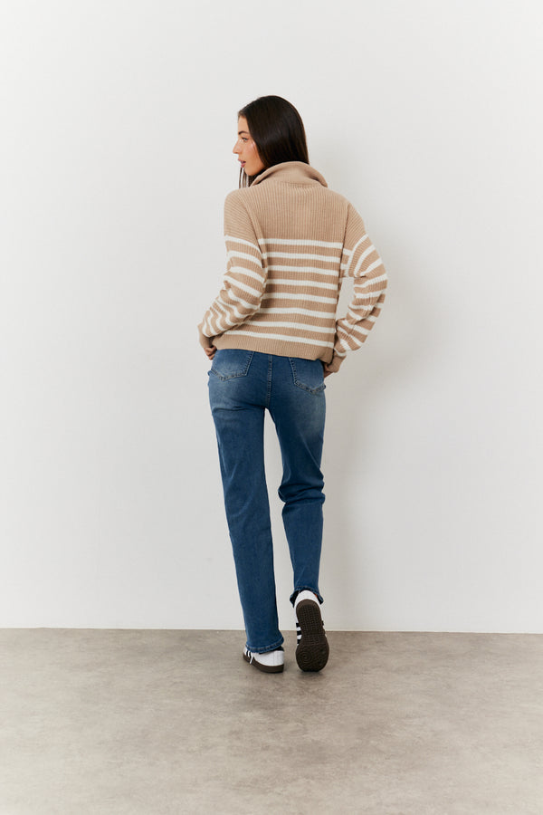 In The Style In The Style Stripe Quarter Zip Knit Jumper Oatmeal