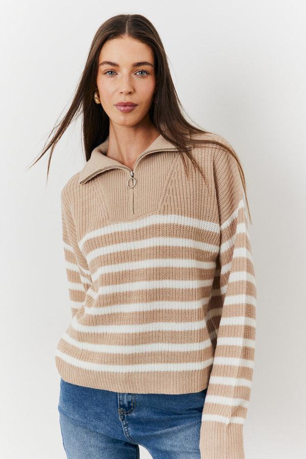 in the style In The Style Stripe Quarter Zip Knit Jumper Oatmeal