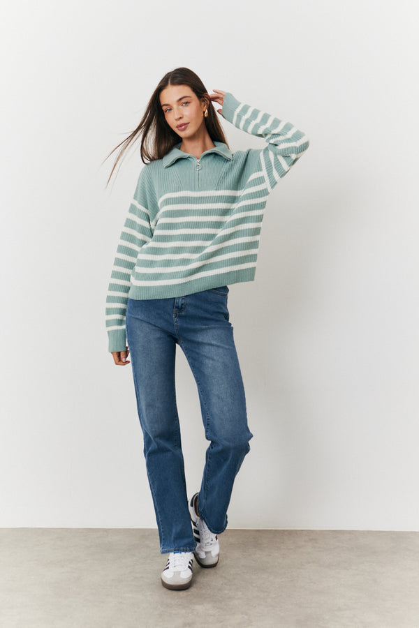 In The Style In The Style Stripe Quarter Zip Knit Jumper Sage