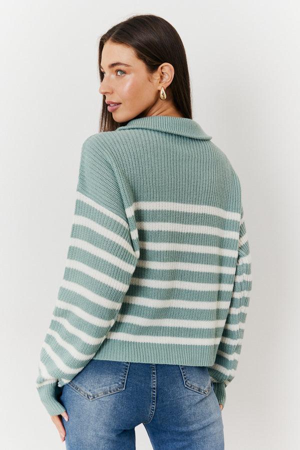 In The Style In The Style Stripe Quarter Zip Knit Jumper Sage