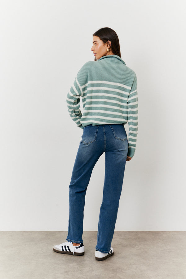 In The Style In The Style Stripe Quarter Zip Knit Jumper Sage