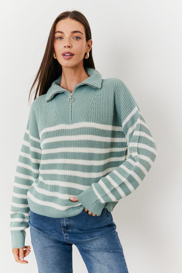 in the style In The Style Stripe Quarter Zip Knit Jumper Sage