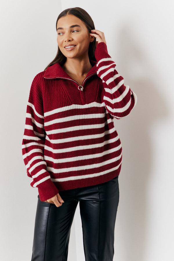 In The Style In The Style Stripe Quarter Zip Knitted Jumper Burgundy