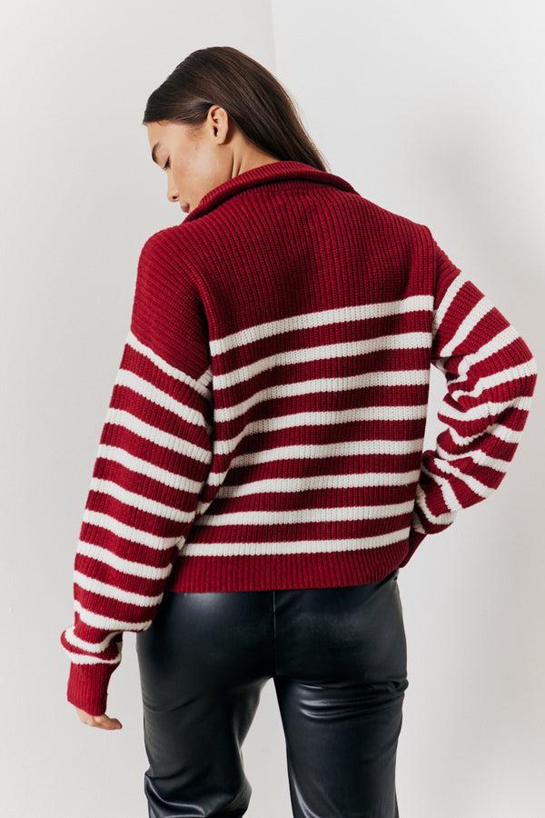 In The Style In The Style Stripe Quarter Zip Knitted Jumper Burgundy