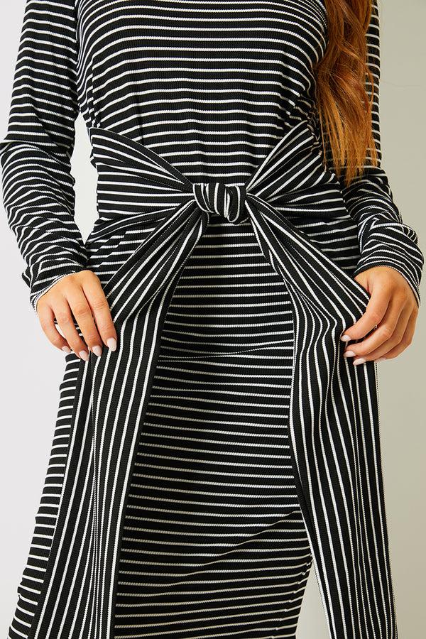 In The Style In The Style Stripe Ribbed Long Sleeve Bodycon Dress With Tie Waist Detail Black