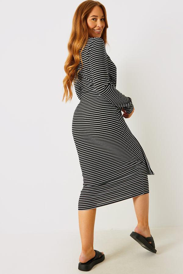 In The Style In The Style Stripe Ribbed Long Sleeve Bodycon Dress With Tie Waist Detail Black