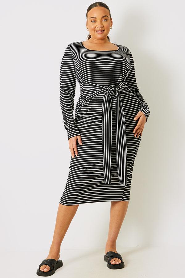 In The Style In The Style Stripe Ribbed Long Sleeve Bodycon Dress With Tie Waist Detail Black