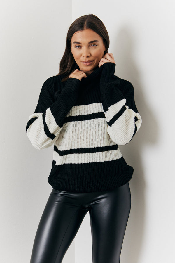 In The Style In The Style Stripe Roll Neck Knitted Jumper Black