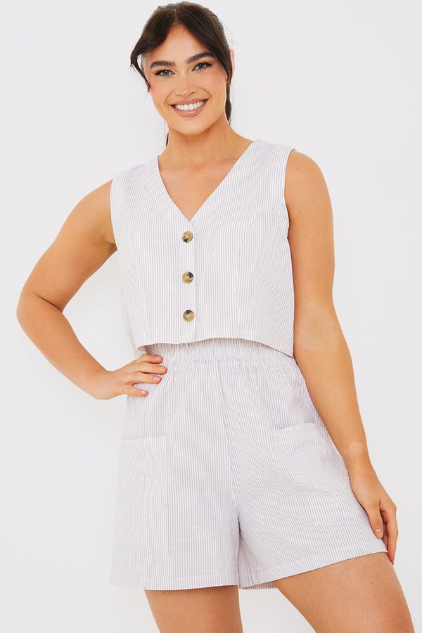 in the style In the Style Stripe Textured Button Through Co-Ord Waistcoat Brown