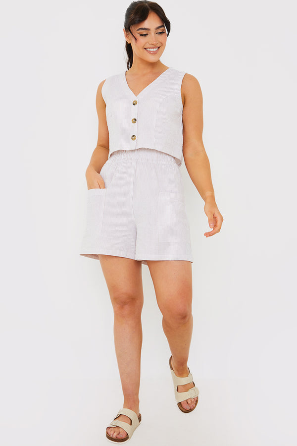 In The Style In The Style Stripe Textured Pocket Detail Co-ord Shorts Brown