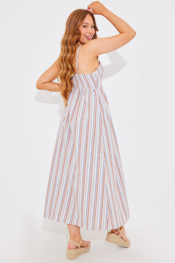 In The Style In The Style Striped Linen Look Midaxi Dress Blue