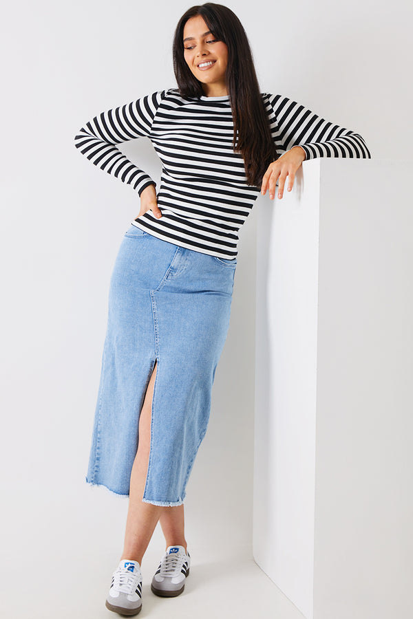 In The Style In The Style Striped Ribbed Long Sleeve Top Black