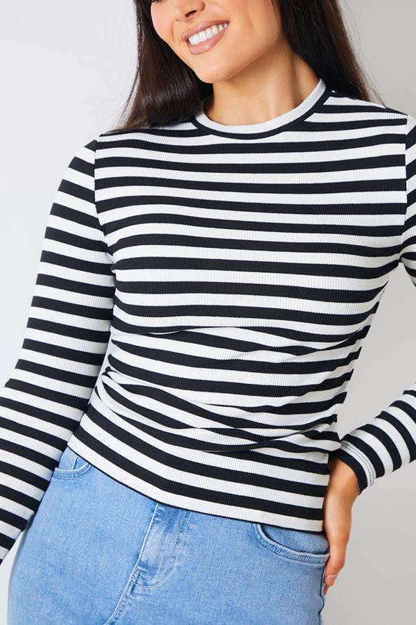 In The Style In The Style Striped Ribbed Long Sleeve Top Black