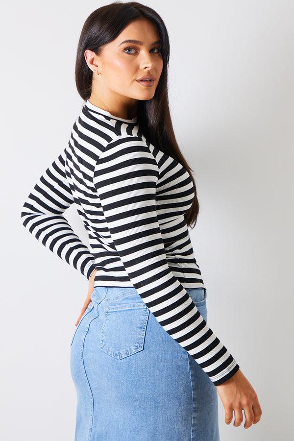 In The Style In The Style Striped Ribbed Long Sleeve Top Black