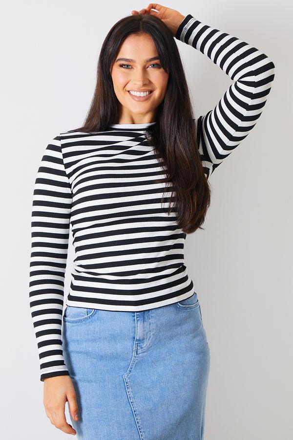 in the style In the Style Striped Ribbed Long Sleeve Top Black