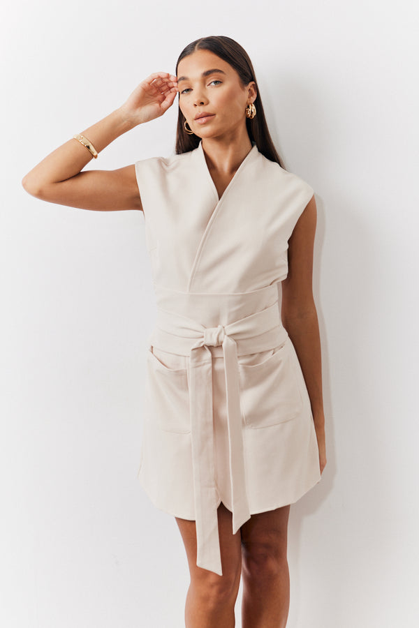 in the style In The Style Structured Pocket Detail Belted Mini Dress cream