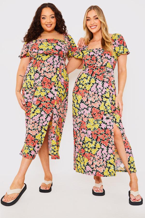 In The Style In The Style Sustainable Floral Milkmaid Side Split Midi Dress Yellow