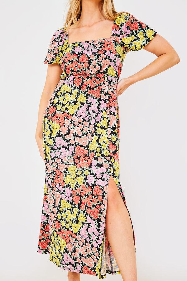 In The Style In The Style Sustainable Floral Milkmaid Side Split Midi Dress Yellow