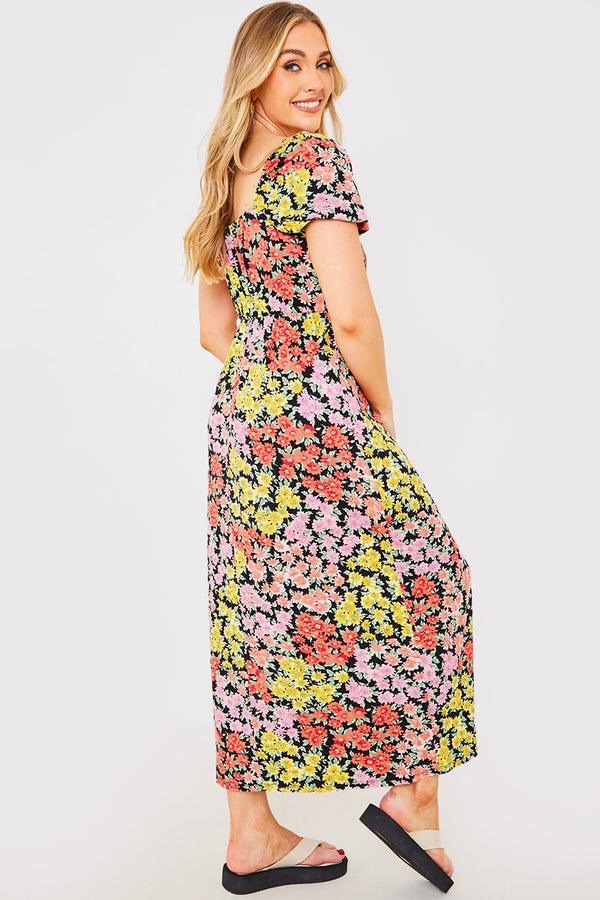 In The Style In The Style Sustainable Floral Milkmaid Side Split Midi Dress Yellow