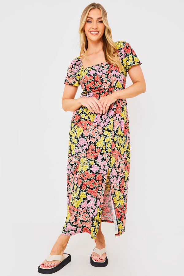in the style In the Style Sustainable Floral Milkmaid Side Split Midi Dress Yellow