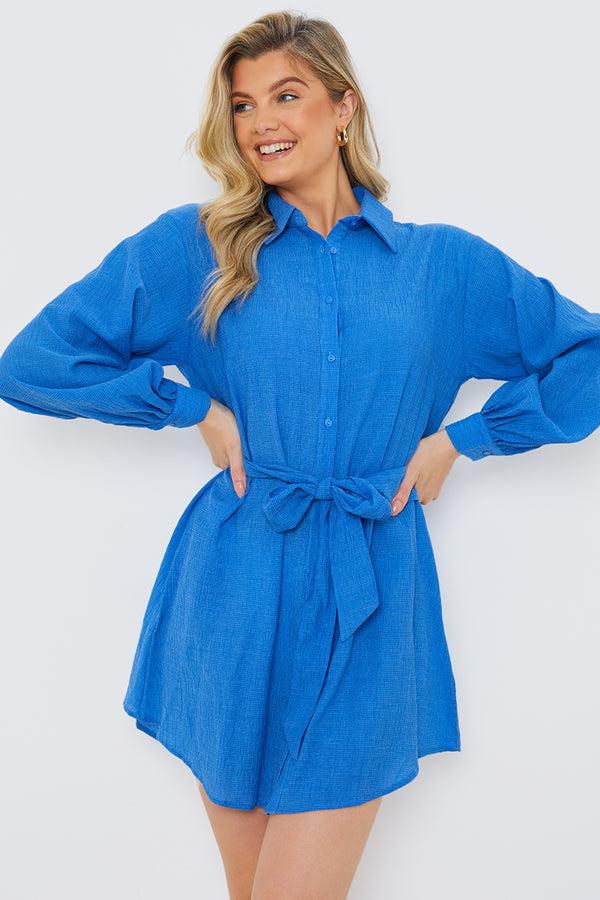 in the style In the Style Textured Belted Mini Shirt Dress Blue