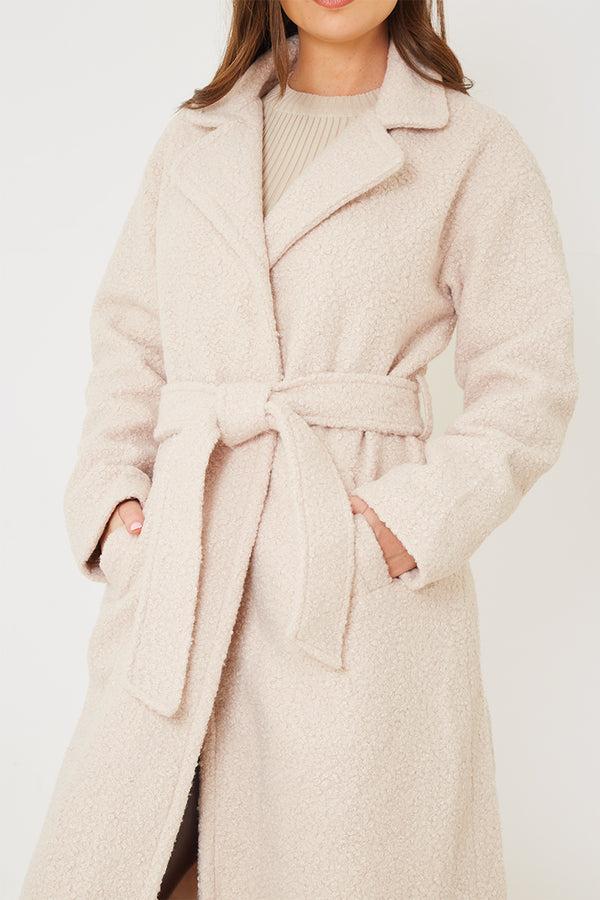 In The Style In The Style Textured Borg Longline Belted Coat Cream