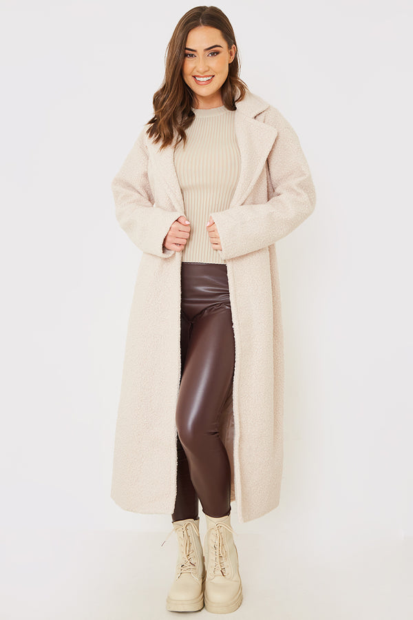 in the style In the Style Textured Borg Longline Belted Coat Cream