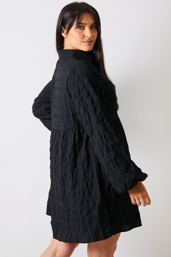 In The Style In The Style Textured Button Through Collared Smock Dress Black