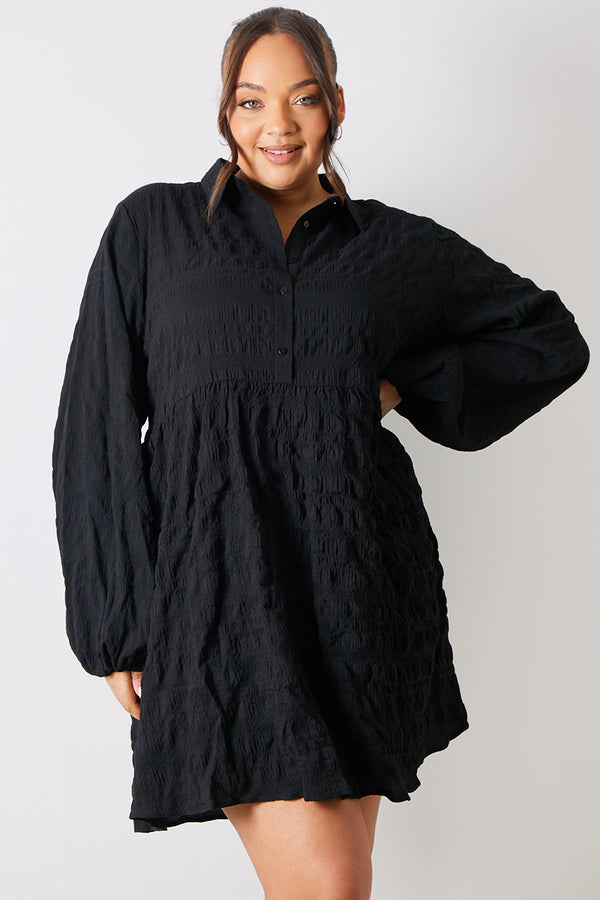 In The Style In The Style Textured Button Through Collared Smock Dress Black