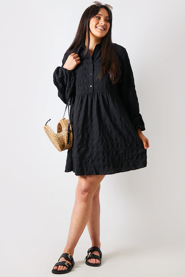 in the style In the Style Textured Button Through Collared Smock Dress Black