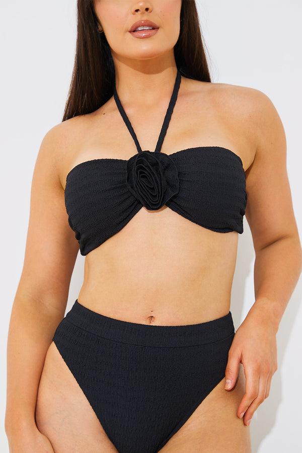 In The Style In The Style Textured Corsage Halter Neck Bikini Top Black