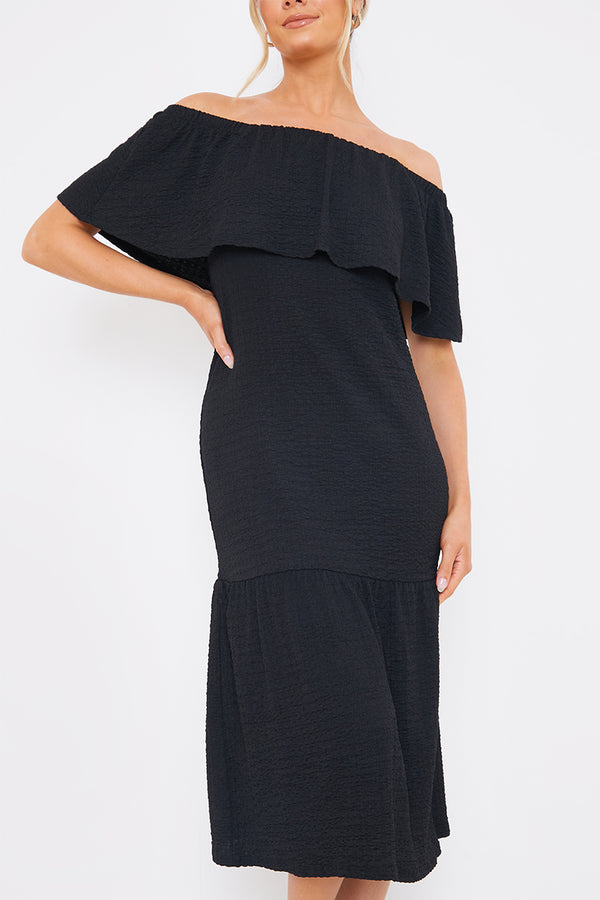 In The Style In The Style Textured Frill Bardot Midi Dress Black