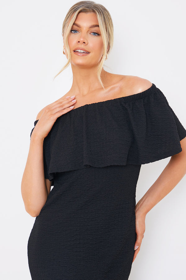 In The Style In The Style Textured Frill Bardot Midi Dress Black