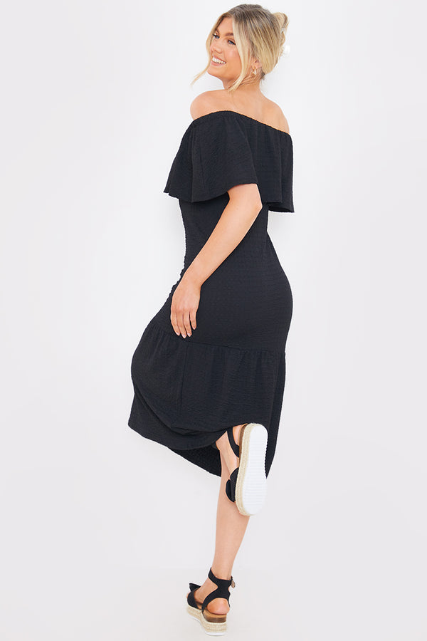 In The Style In The Style Textured Frill Bardot Midi Dress Black