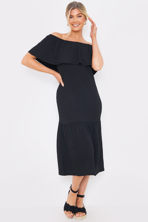 in the style In the Style Textured Frill Bardot Midi Dress Black