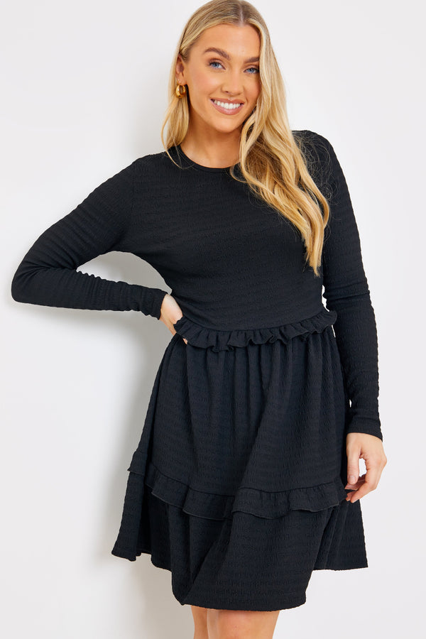 in the style In the Style Textured Jersey Frill Detail Smock Dress Black