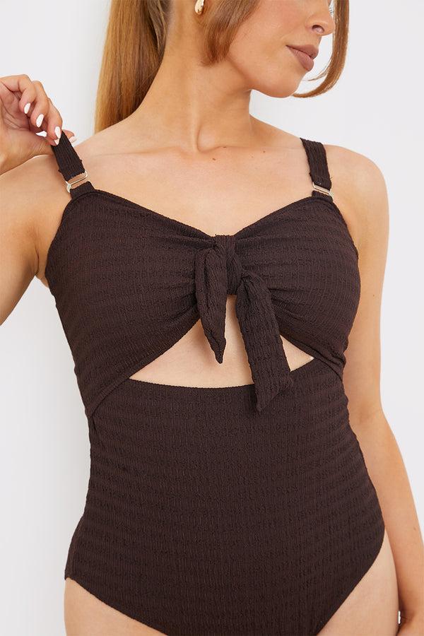 In The Style In The Style Textured Knot Front Cut Out Swimsuit Brown