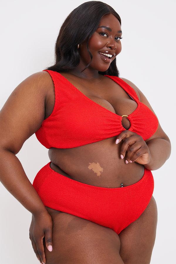 In The Style In The Style Textured Scoop Neck Ring Detail Bikini Top Red