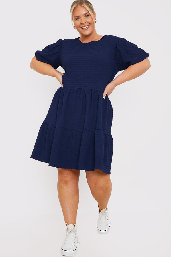In The Style In The Style Textured Seersucker Smock Dress Navy
