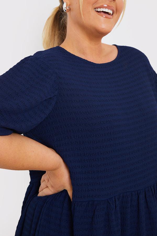 In The Style In The Style Textured Seersucker Smock Dress Navy
